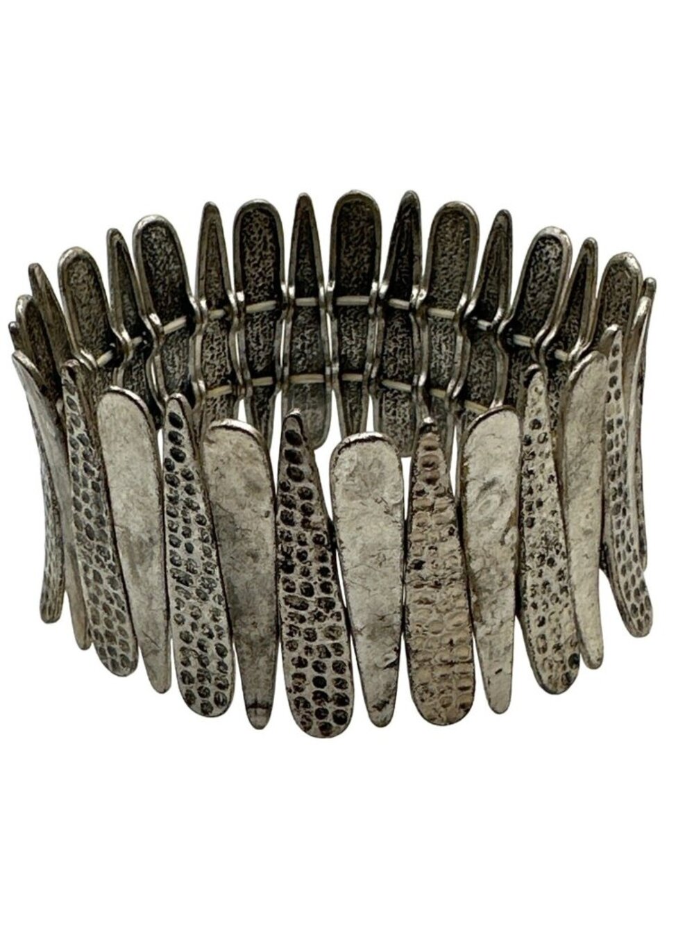 Boho Tribal Stretch Wristband Bracelet Silver Tone Modernist Coastal Statement